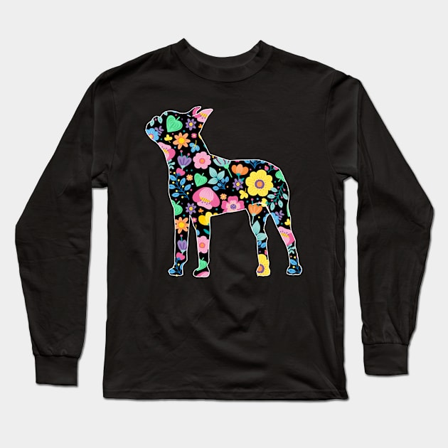 Floral Boston terrier print Long Sleeve T-Shirt by GBCDesign